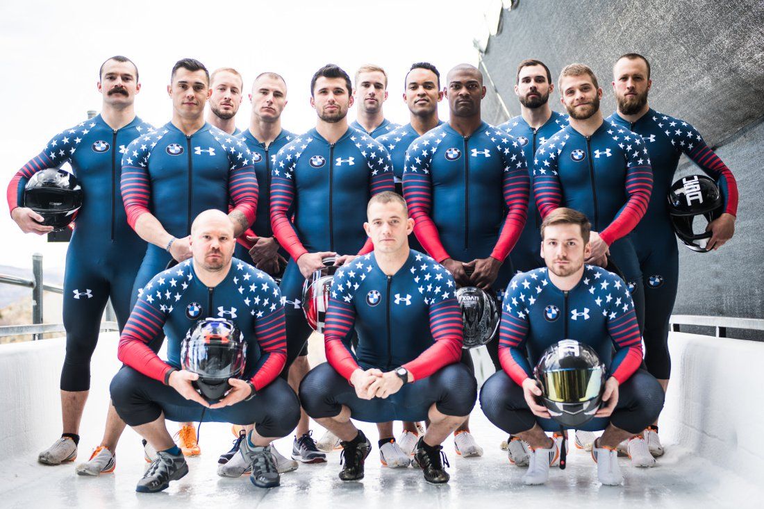 The U.S. Bobsled team poses for a group picture.