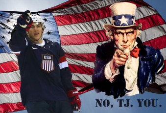 TJ Oshie and Uncle Sam both point in front of an American Flag