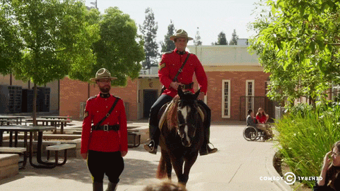 Canadian Mounties riding a horse and nodding. 