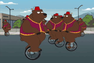 a clip from Family Guy of bears on unicycles